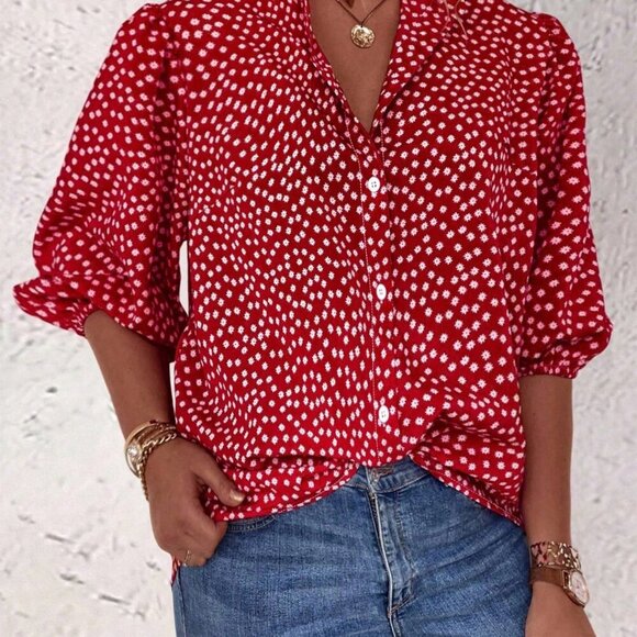 Red Boho Women's Floral Single Button Blouse - Picture 3 of 4